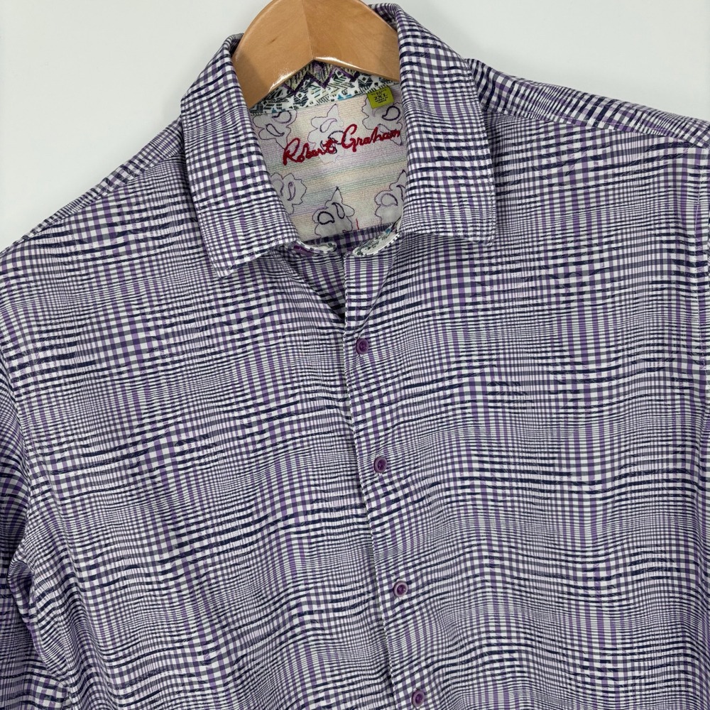 Robert Graham Check Plaid Jacquard Paisley Button Up Shirt Mens 2XL Purple